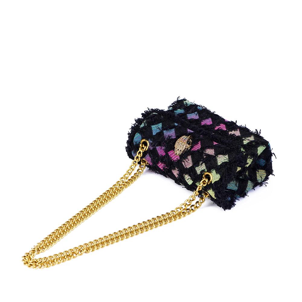 Black Rainbow Plaid Patchwork Handbag Wash Denim In Weave Print Purse Jointing Cross Body Patchwork