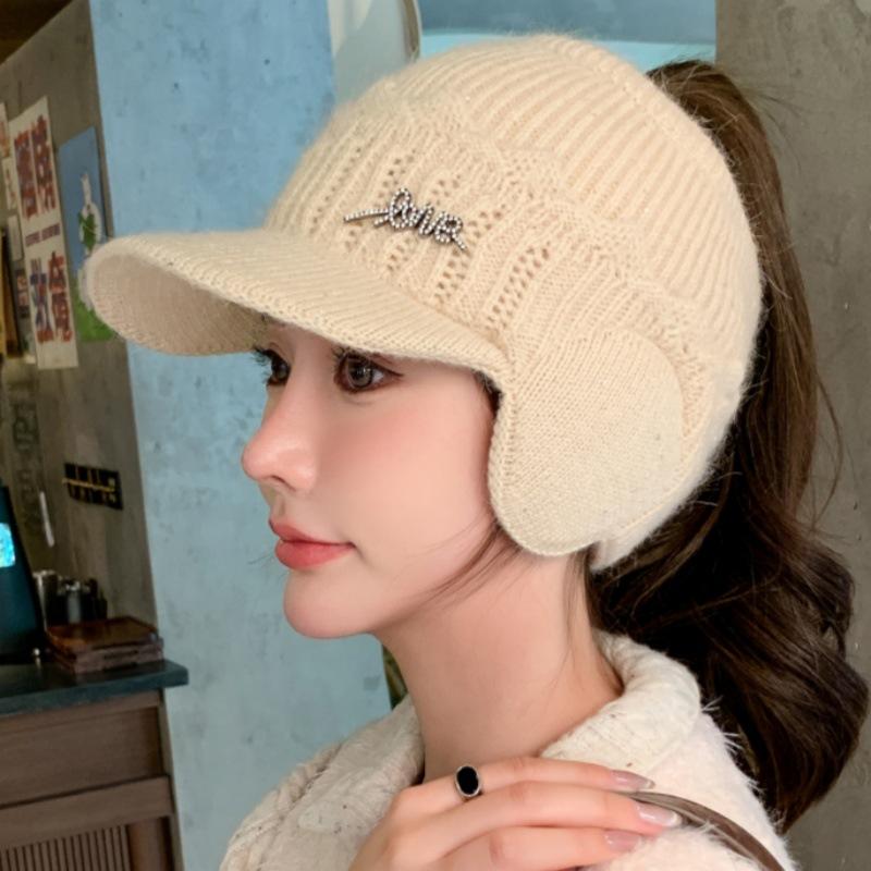 New Faux Rabbit Fur Empty Top Hat Women's Winter Riding Knitted Ear Protection Baseball Cap Fleece Warm Empty Top Running Wool Cap
