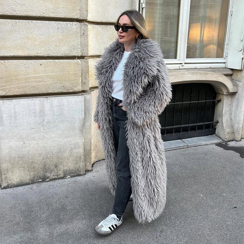 Long imitation fur coat long hair artificial fur winter warm European and American lapel collar high-end coat