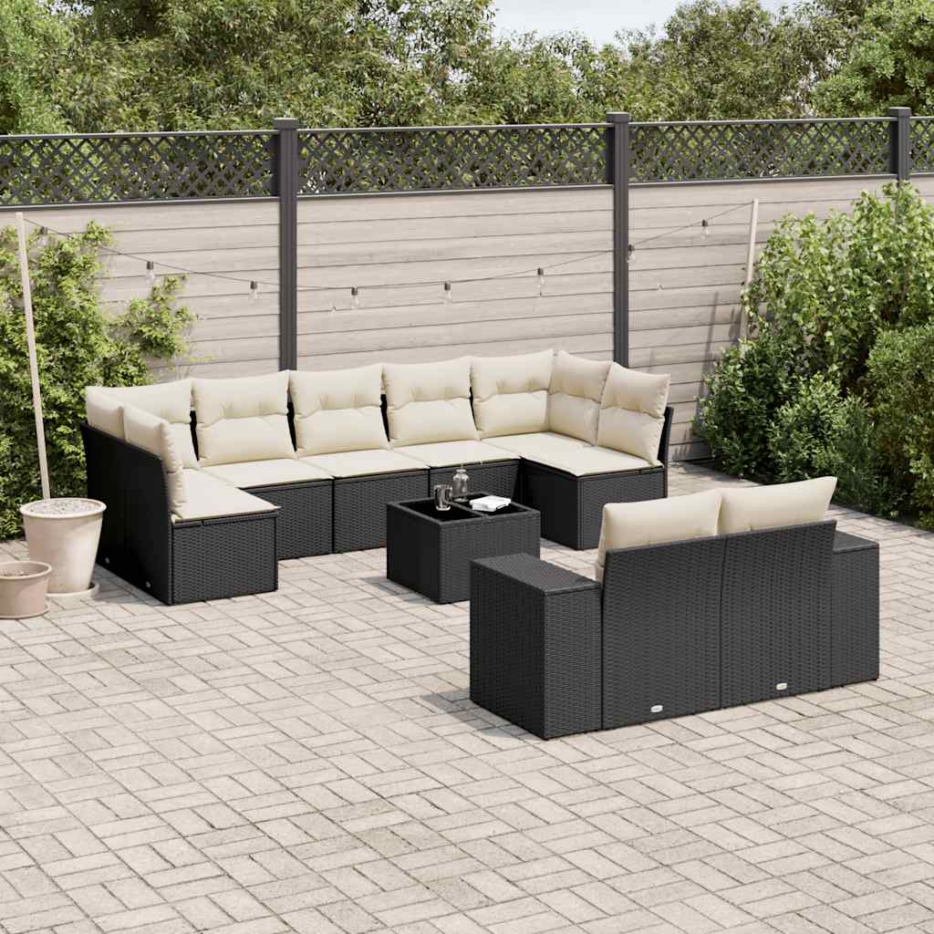 10 piece Garden Sofa Set with Cushions Black Poly Rattan