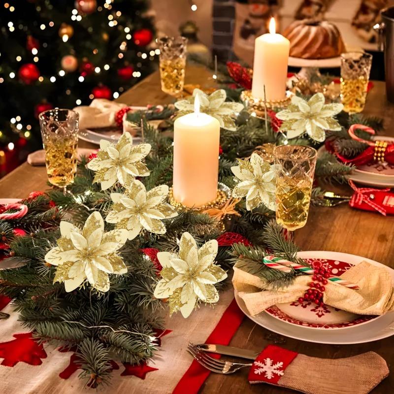Artificial Poinsettia Christmas Flowers Red Gold Sparking Glitter Fake Flower for Xmas Tree Ornaments Florals Party Home Decor