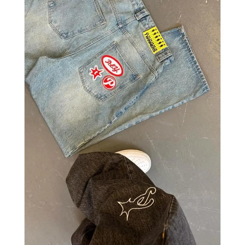 Y2K Harajuku Hip Hop Graphic Oversize Retro Blue Baggy Jeans Mens Womens New High Talyase Wide Leg Брюки