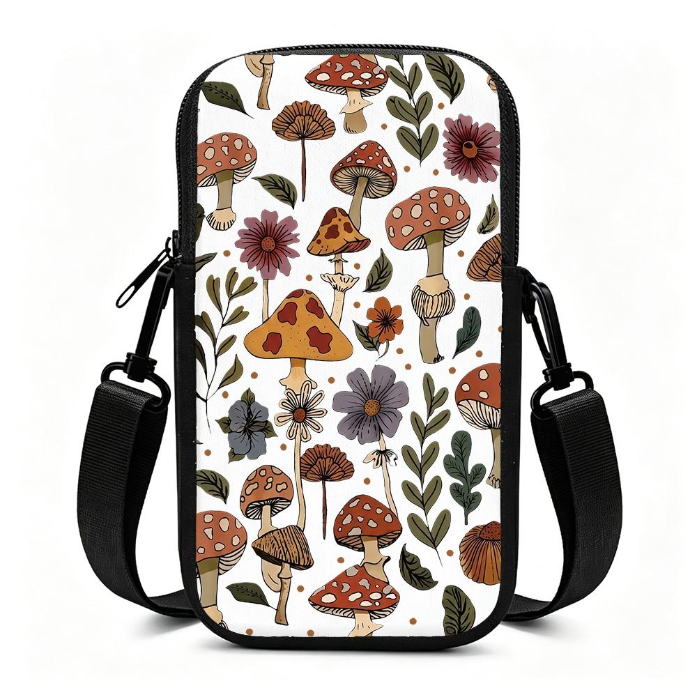 Vintage Mushroom Botanical Floral Print Crossbody Phone Bag, Aesthetic Cottagecore Garden Small Shoulder Purse, Christmas Gift Practical Travel Phone