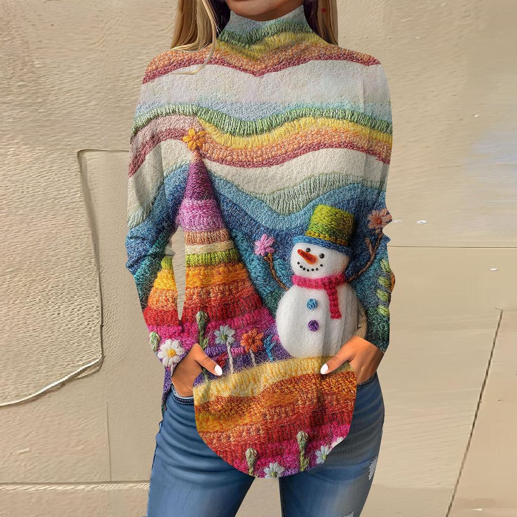 Женская модная повседневная футболка с длинным рукавом с высоким воротом и принтом, пуловер, топ