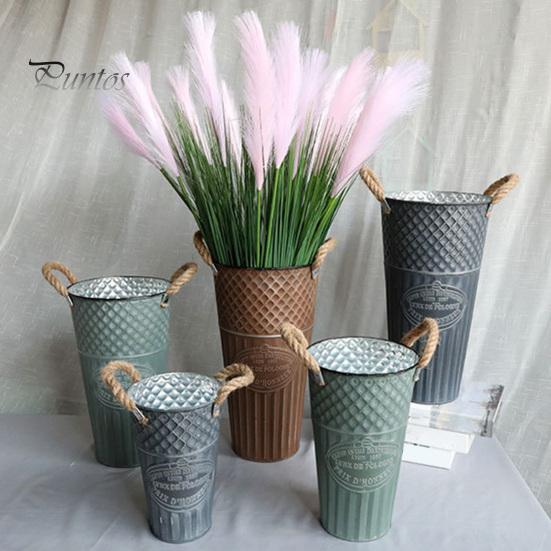 Retro Style Metal Flower Pot Vintage Buckets, Rustic Vases with Handles, Floral Containers, Wide Balcony Arrangement Holder Mouth Plant Display