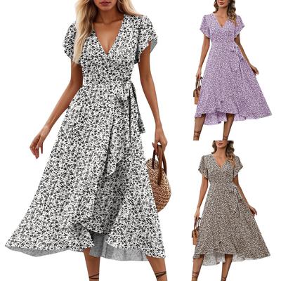 Женские платья с v-образным вырезом и цветочным принтом на талии и короткими рукавами