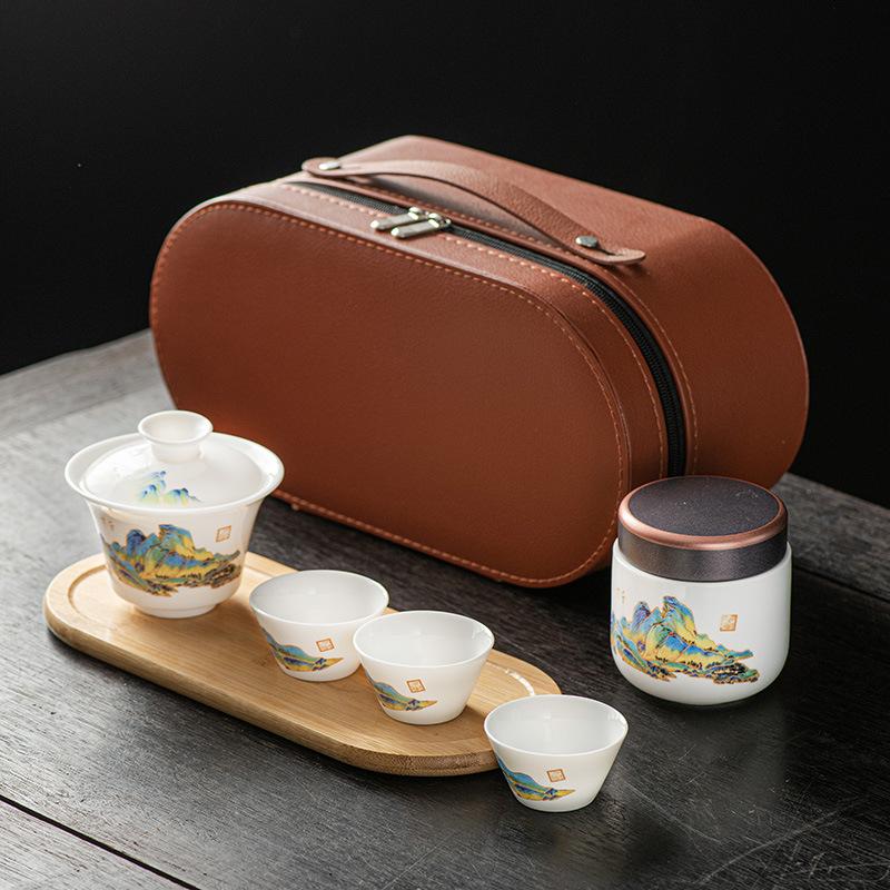 Suet jade white porcelain kung fu tea set cover bowl teacup outdoor portable travel tea set