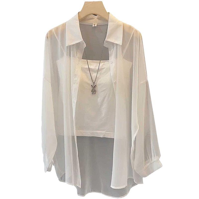Летняя мода 2024 года Полупрозрачная рубашка средней длины из жемчужной пряжи - Легкая, универсальная защита от солнца
