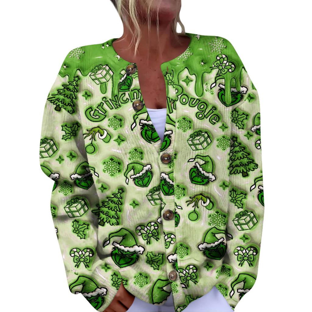 Women's Fashion Christmas Printed Long Sleeve Knitted Cardigan Button Down Jacket