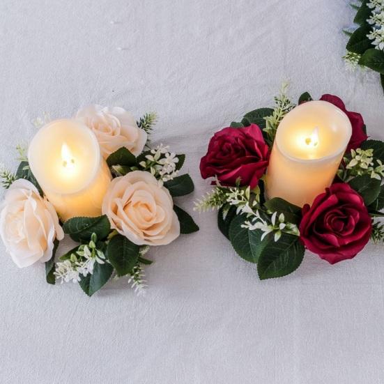 Artificial Rose Wreath Candle Ring Pillar Candle Holder Spring Green Leaves Flower Garland Home Wedding Party