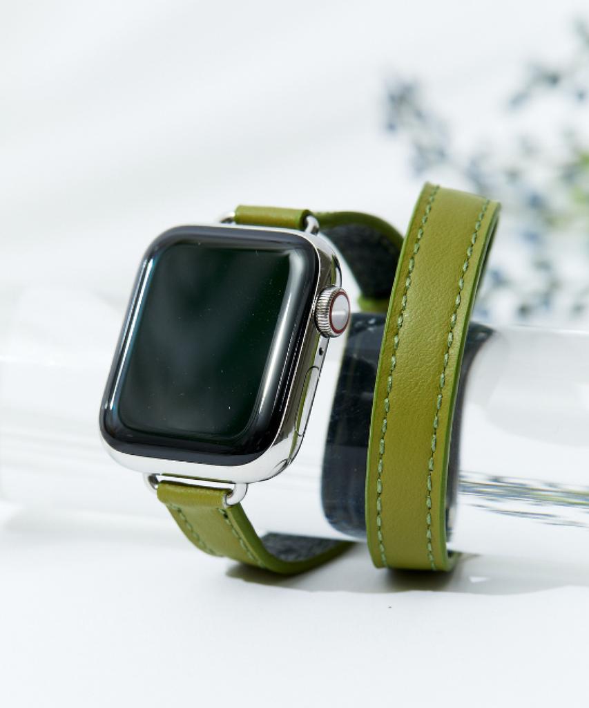 Adeo Apple Watch Двойной ремешок Тонкий Double Tour Веганская кожа Зеленый оливковый (Тип B)