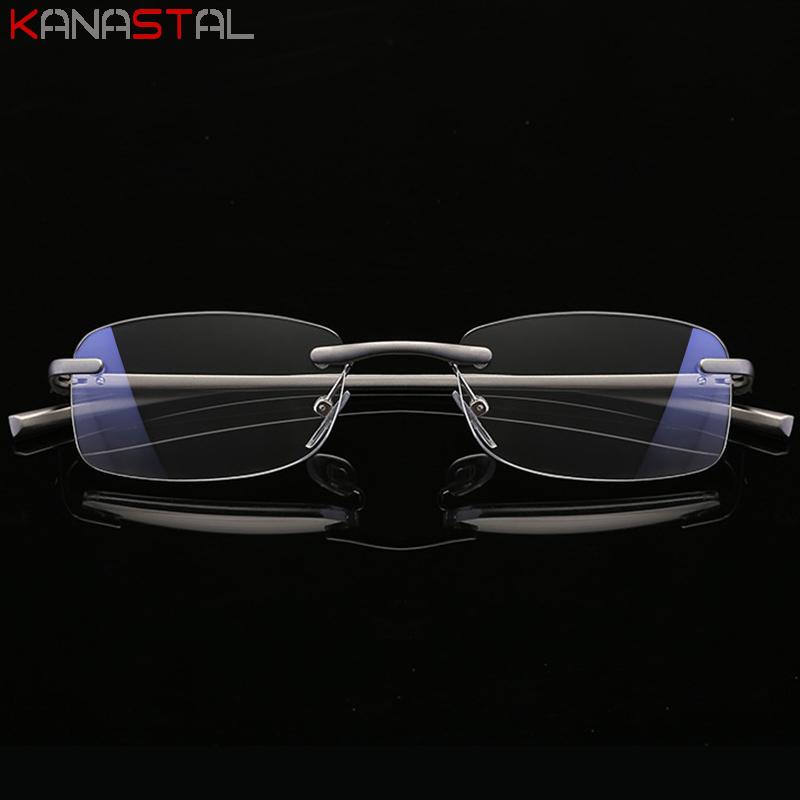 Men Rimless Reading Glasses Prescription Lenses Presbyopic Eyewear Women Blue Light Blocking Lenses Al-Mg Eyeglasses Frame
