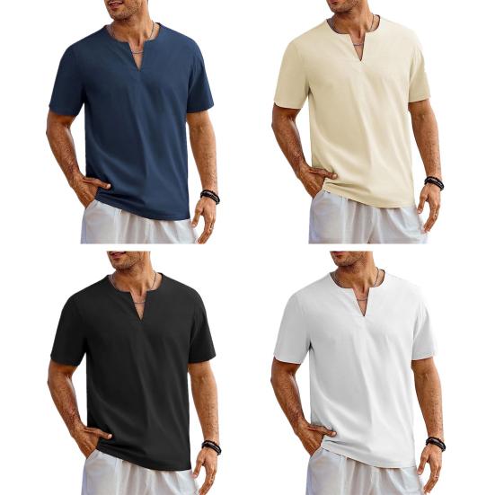 Мужская летняя футболка однотонная с коротким рукавом и v-образным вырезом, мягкий дышащий хлопок и лен, пуловер средней длины, повседневный повседневный пляжный топ