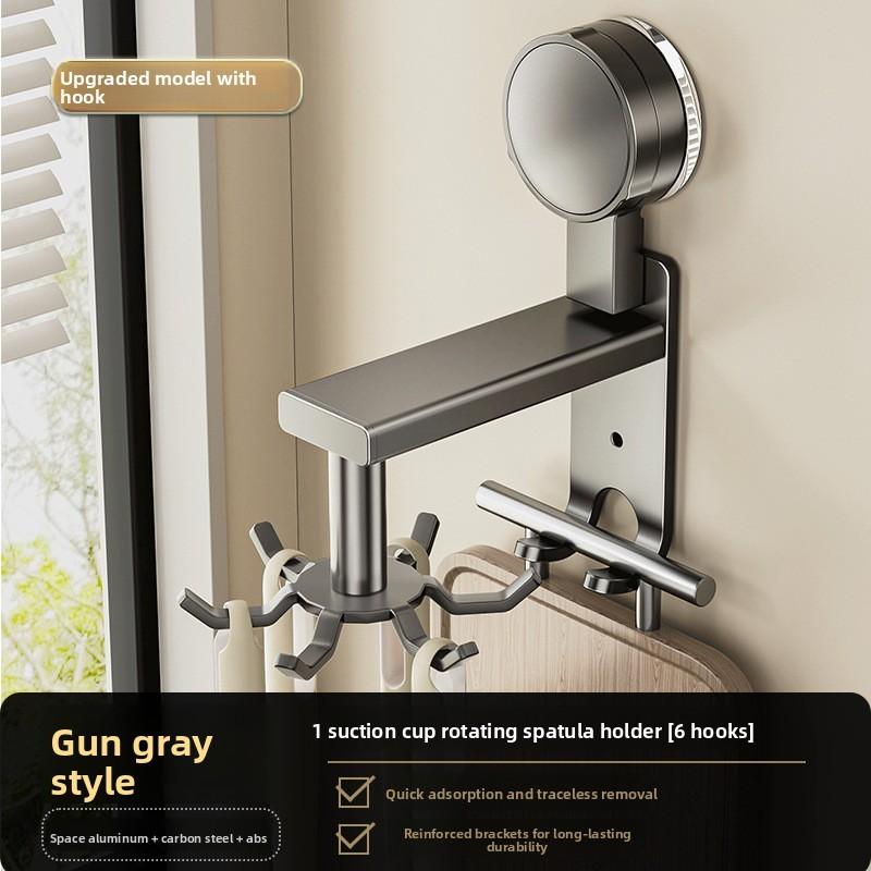 Aluminum Alloy Wall Mount Pot Spoon Holder With Rotating Hooks For Kitchen Storage