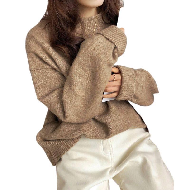 Женский вязаный свитер в ретро-стиле свободного кроя - Круглый вырез, однотонный, мягкий и плотный для сезона Осень/Зима 2025