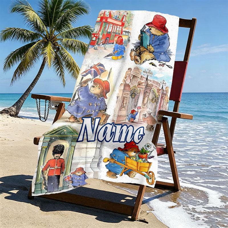 Custom Name Personalized Paddington Bear Print Beach Towel, for Trip Camping Beach Party Home Decor, Birthday Gift for Family & Friends