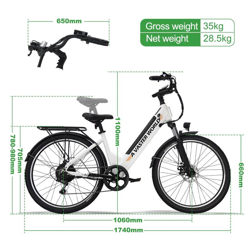 AVDL A32 26" Urban Commuter Ebike, 36V 12.8Ah Removable Battery, Shimano 7-Speed