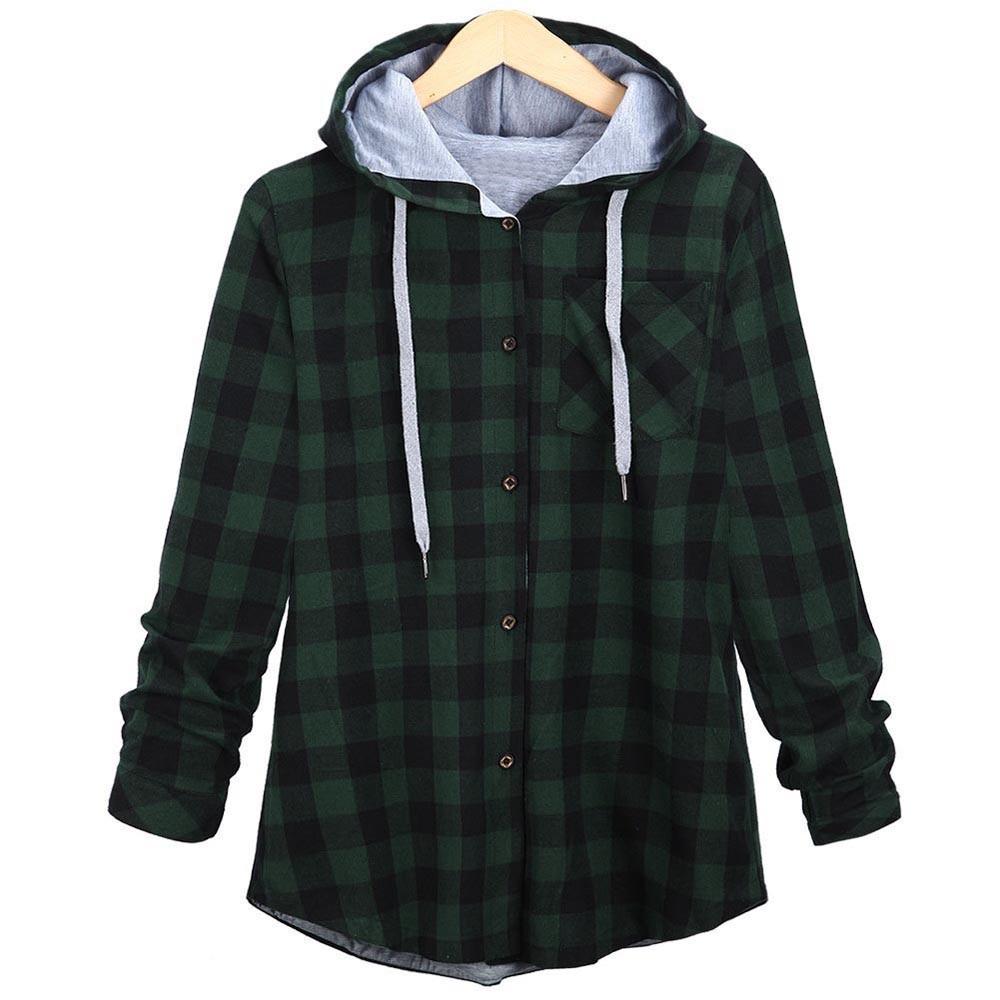 Women's Plaid Hooded CardiganLong Sleeve Jacket Blouse