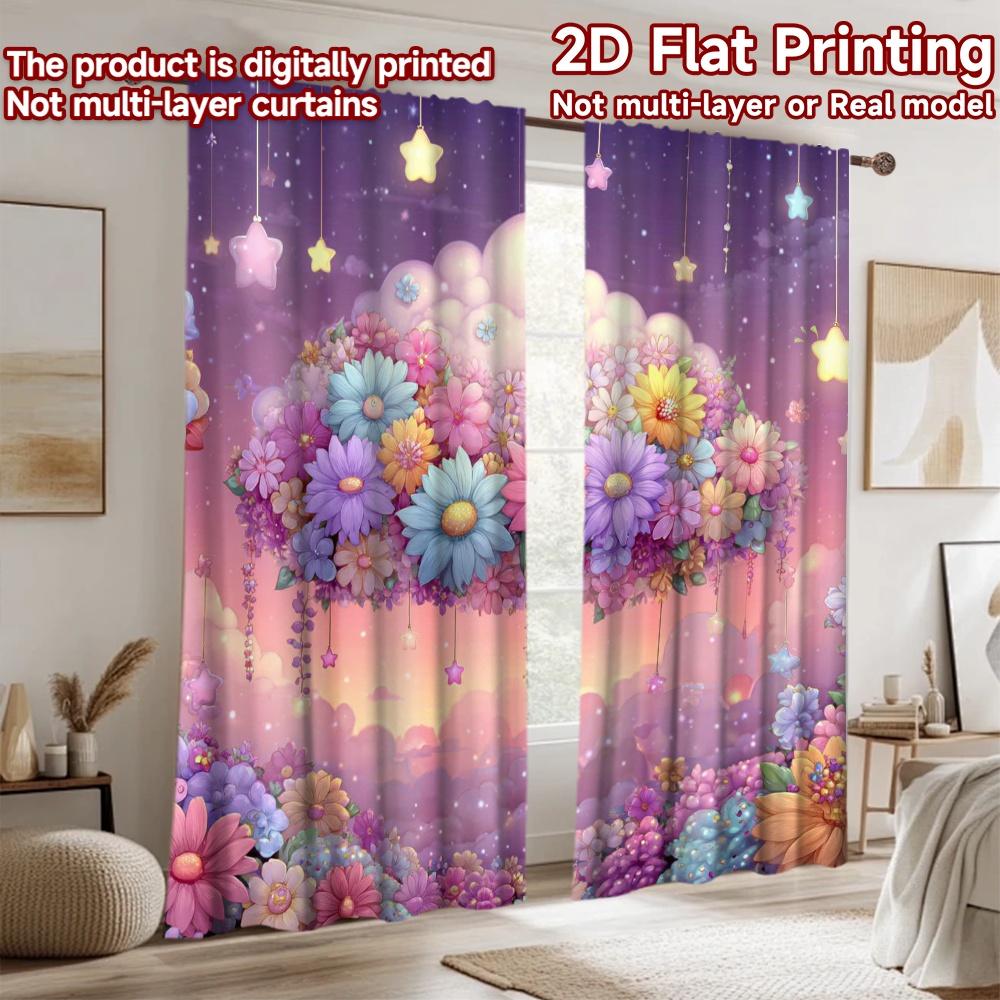 2D flat printing 2pcs Party Curtains Dreamy Cloud Flowers Starry Night Digital Printed Polyester Drapes Festive Curtains for