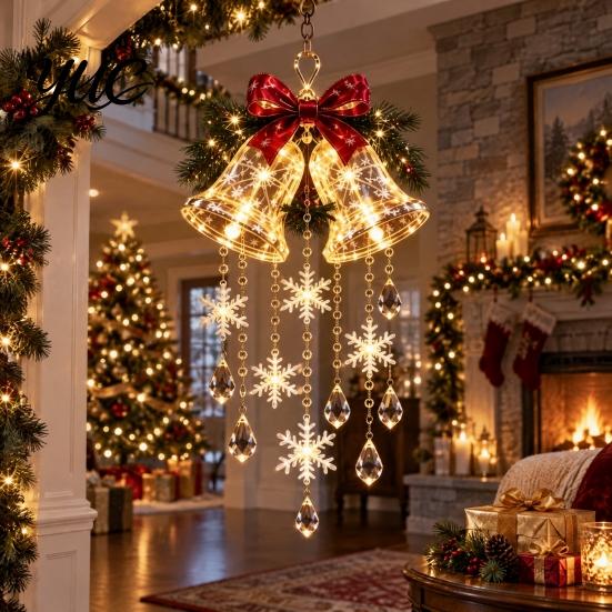 Christmas Hanging Decorations Bell Chandelier, Lighted Deer Decoration with Cascading LED Strands, Snowflake Indoor Ornaments Sphere Lantern