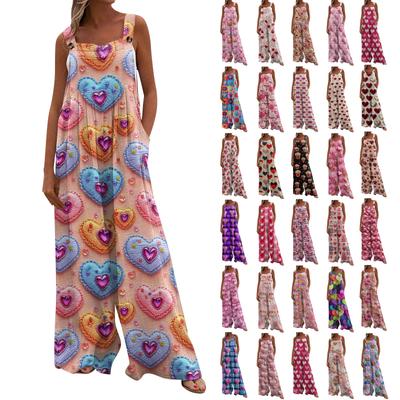 Широкий комбинезон для женщин, повседневный свободный комбинезон без рукавов с принтом и пуговицами, длинные брюки, комбинезон с карманами