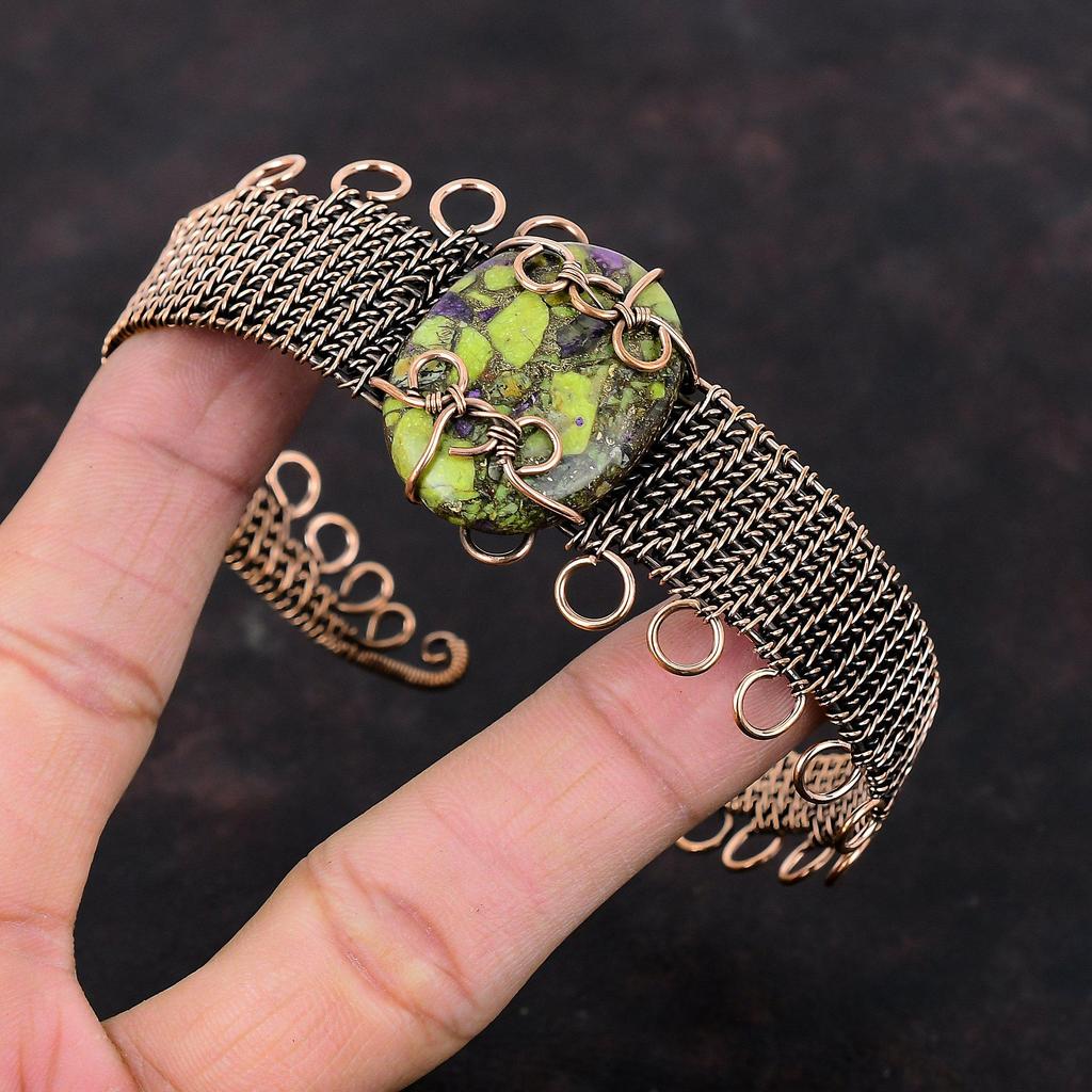 Медный браслет-манжета из стихтита, медная проволока, браслет, драгоценный камень, регулируемый браслет-манжета, ювелирные изделия из медной проволоки, браслет ручной работы, свадебный подарок