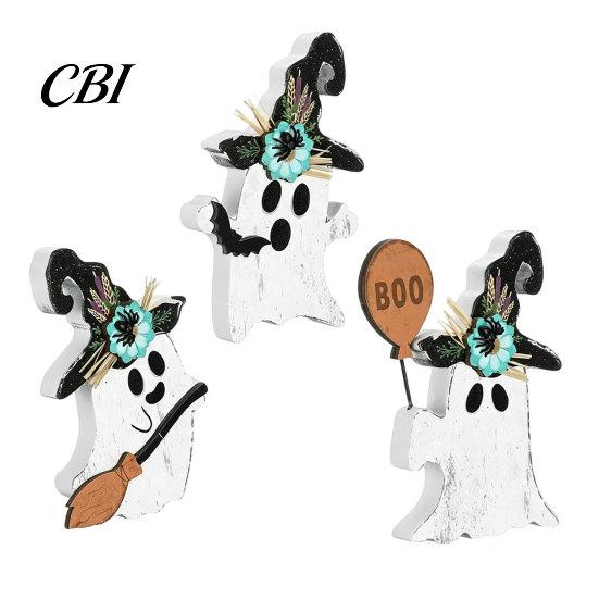 Halloween Mantel Decor 3Pcs Decoration, Black Cat Ghost Witch Hat Table Decor, Decorations Rustic Farmhouse Wooden Centerpieces for Home Office Tiered