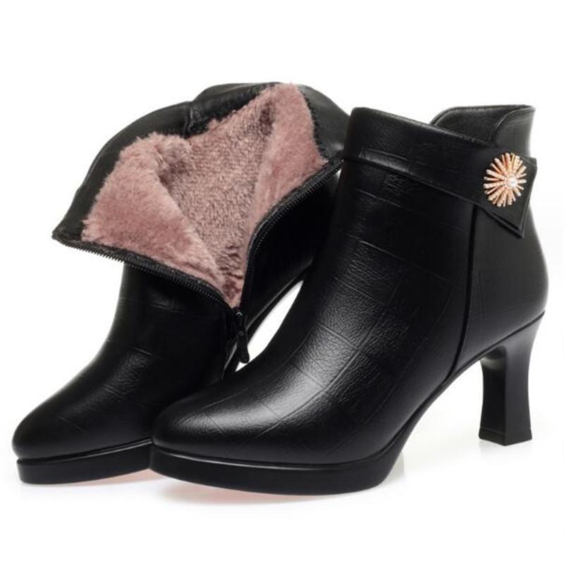 Women High Heels Genuine Leather Women Ankle Boots Autumn Winter Platform Plush Ladies Boots Brand Fashion Women Shoes