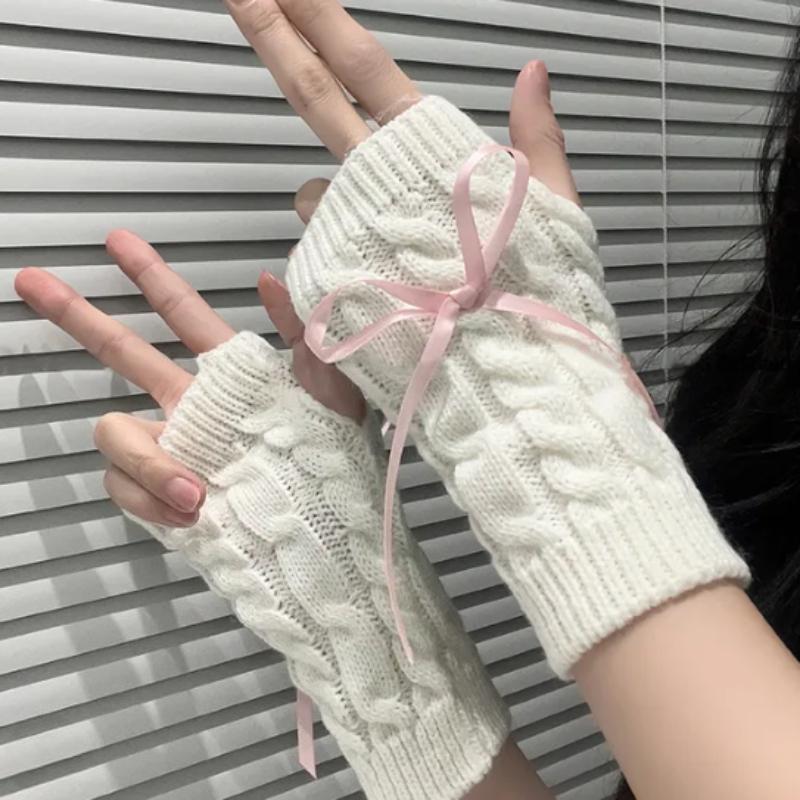 2025 New Women Winter Warm Half Cut Gloves Sweet Bow Student Yarn Knitted Touch Screen Exposed Finger Sleeves