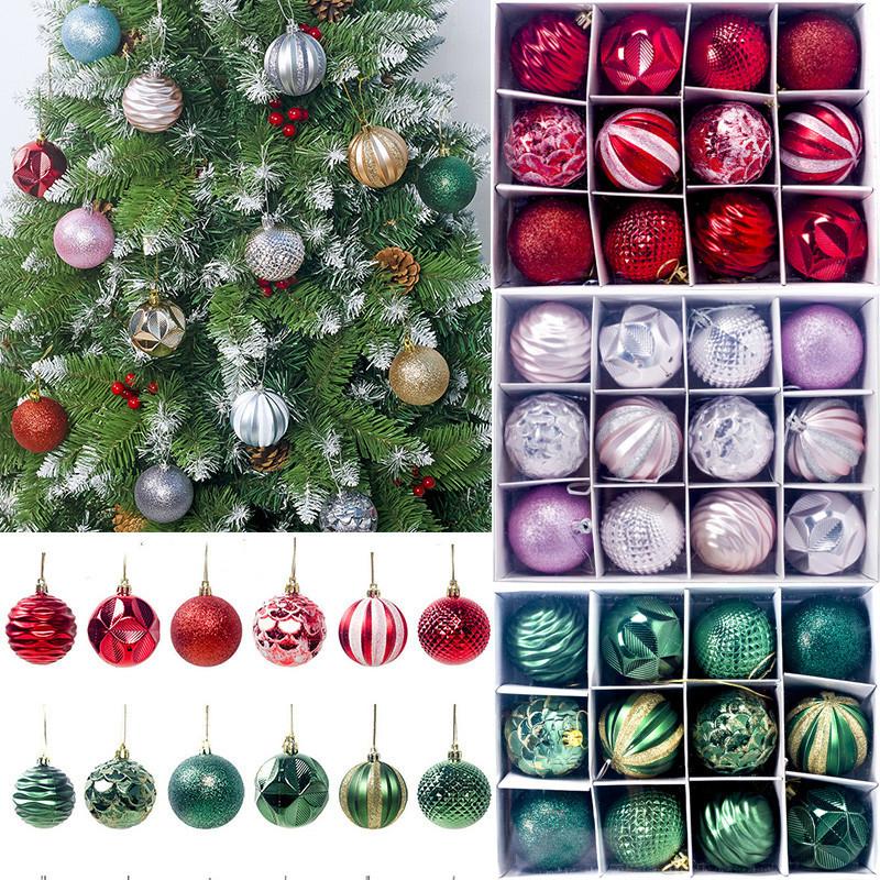 Cheerful 12/24pcs Christmas Tree Baubles Decorative Glitter Ornaments Set