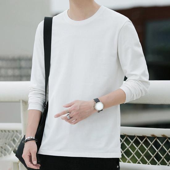 Men Tops Round Neck Long Sleeve Autumn Tops Solid Color