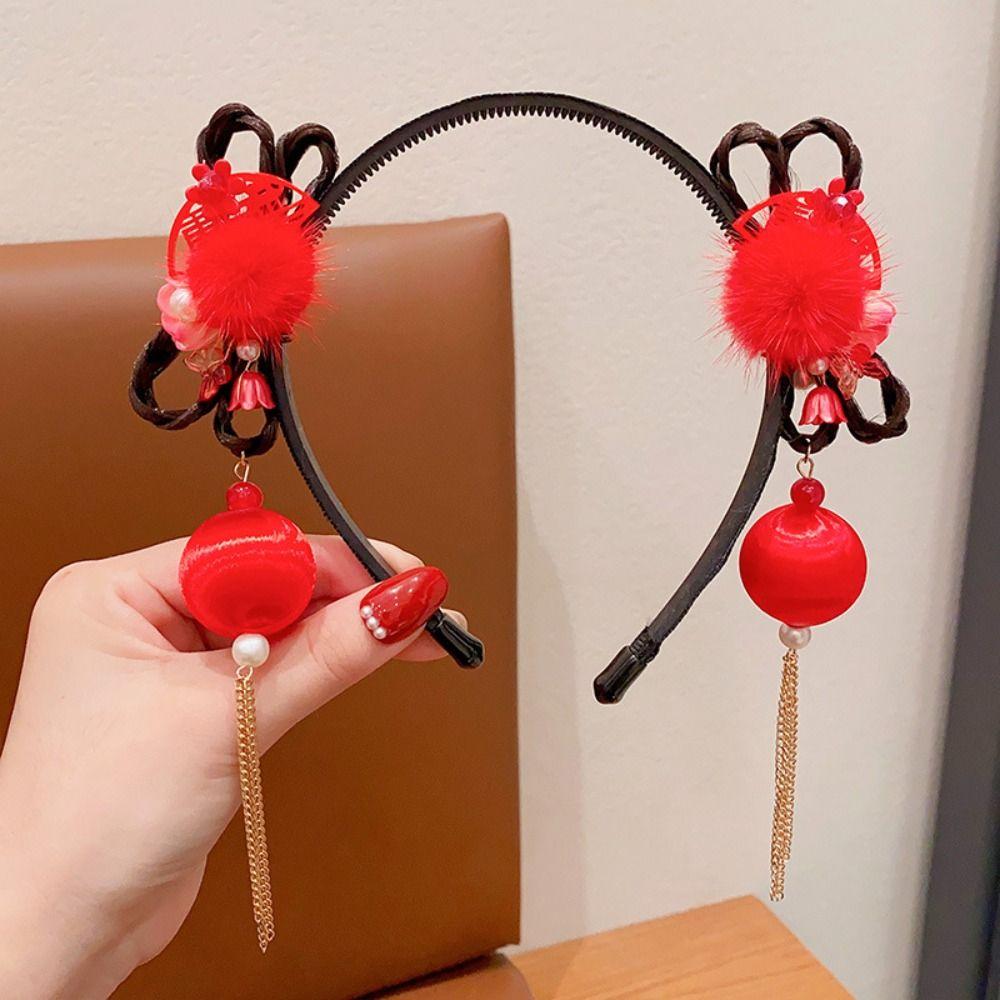 Парик Ханфу в китайском стиле, повязка на голову с жемчугом, новогодний головной убор, повязка на голову с цветочной кисточкой, детская повязка на голову