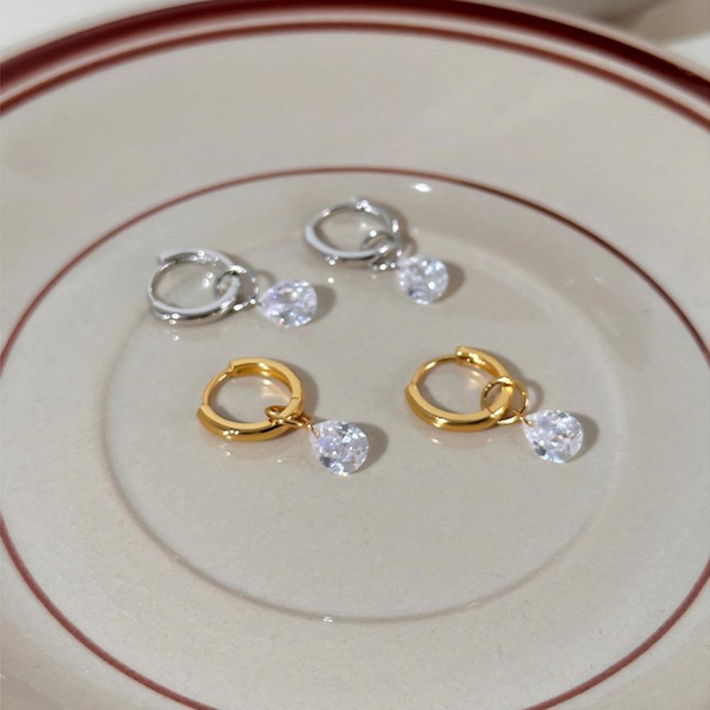 Hip-hop Personality Shiny Teardrop-shaped Zircon Pendant Gold Color Stainless Steel Hoop Earrings for Women Fashion Jewelry Gift