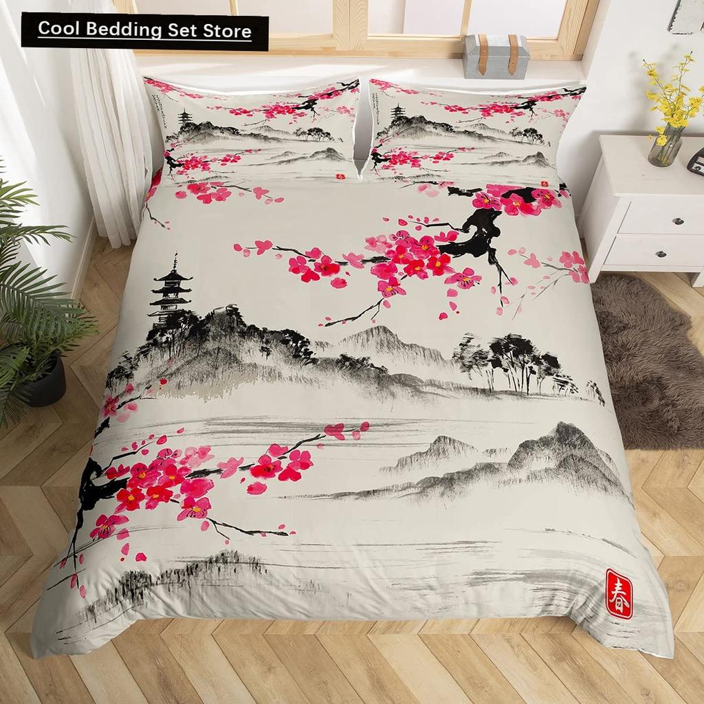 Комплект постельного белья «Цветущая розовая вишня» размера «king-size» и «queen-size» с весенней флорой. Пододеяльник с японскими цветами. Мягкий полиэстеровый чехол.