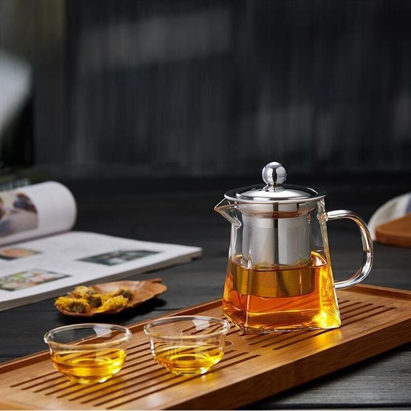 Heat Resistant Glass Teapot with Stainless Steel Coffee Infuser Heated Container Tea Pot Good Clear Kettle Square Filter Baskets