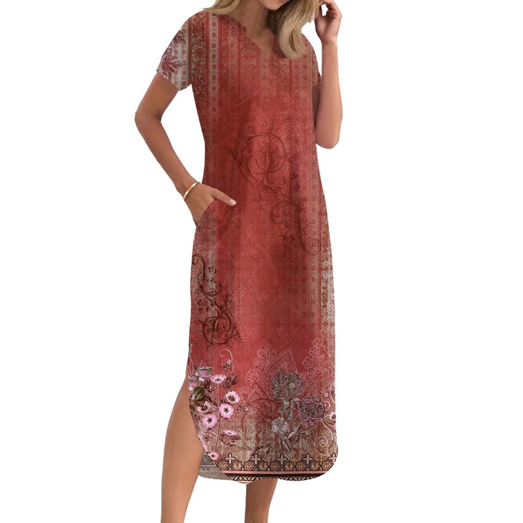 Женское длинное платье-рубашка с V-образным вырезом, повседневное, с коротким рукавом и свободным разрезом