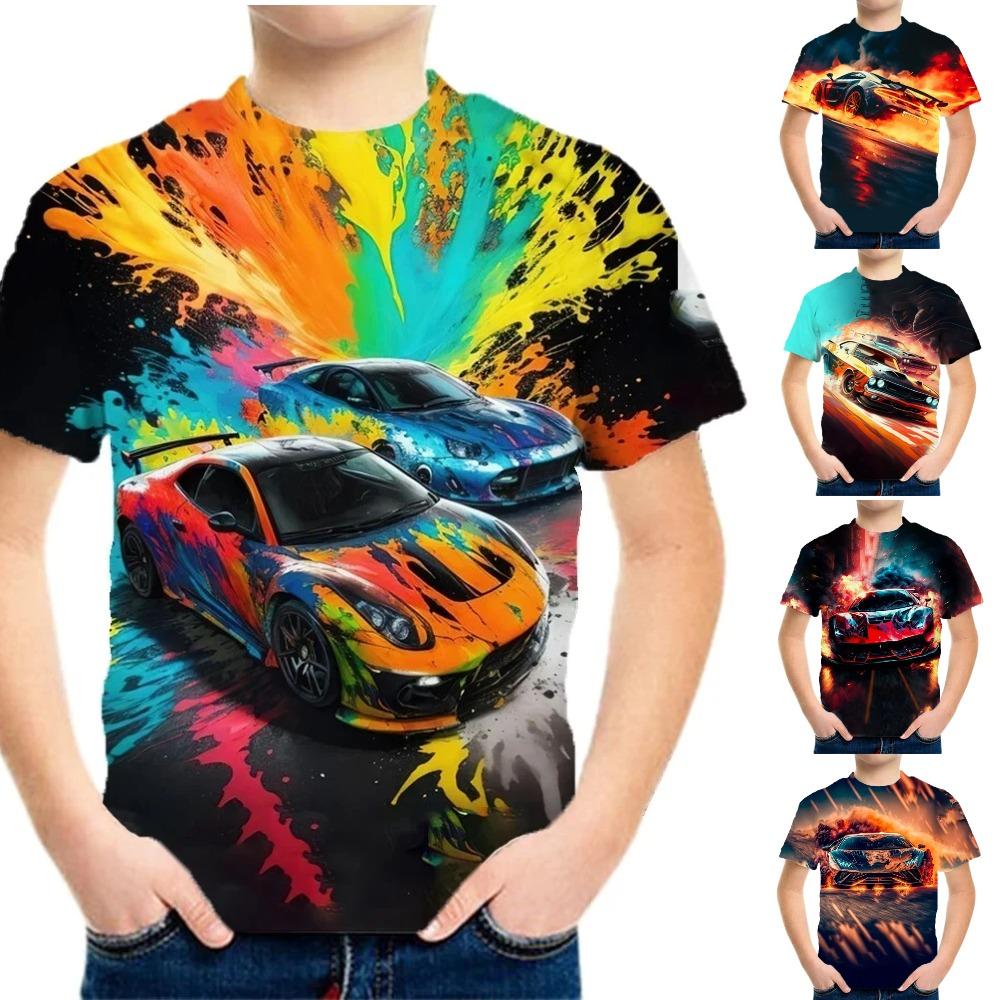 Летняя детская футболка с принтом гоночных машин, топы с коротким рукавом, повседневная футболка для девочки, мальчика, уличная одежда
