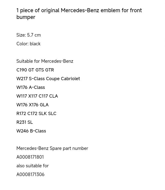 2025 Горячее Для Mercedes Benz Для Mercedes-Benz Запасная Звезда Эмблема Бампера SLK CLA S GLA A SLC A0008171801 same to A0008171306