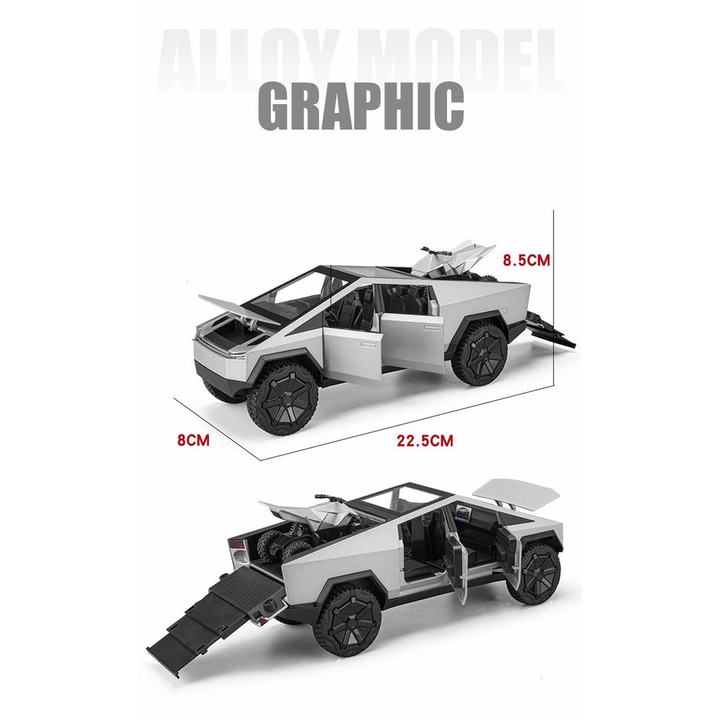 1/24 Tesla Cyber Toy Truck Pickup Alloy Car Model Diecasts Metal Toy Off-road Vehicles Car Model Simulation Sound and Light Kids Gifts