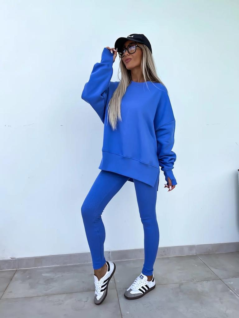 New spring sweater suit women's European and American casual loose long-sleeved round neck split top tight trousers