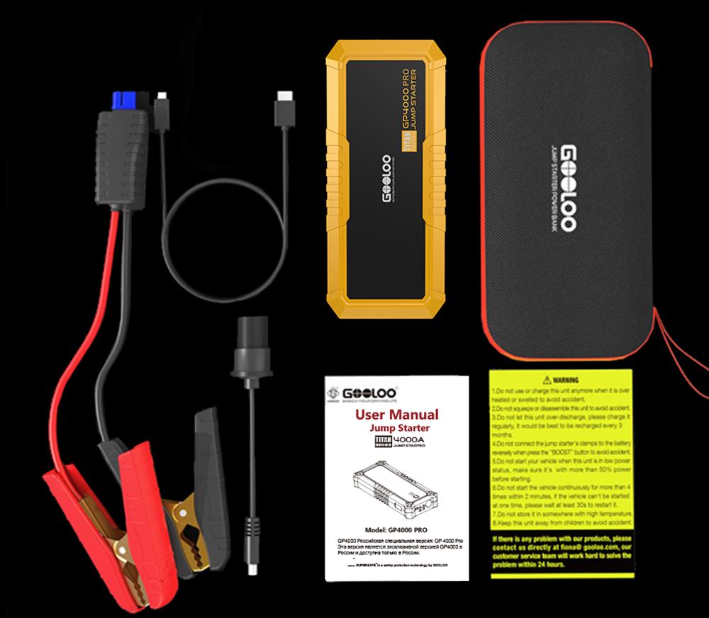 GOOLOO GP4000 PRO Jump Starter, блок питания 26800 мАч, пиковый ток 4000 А, выход постоянного тока 15 В, 10 А, белый светодиод 1 Вт, дизельный двигатель 10 л — вилка европейского стандарта