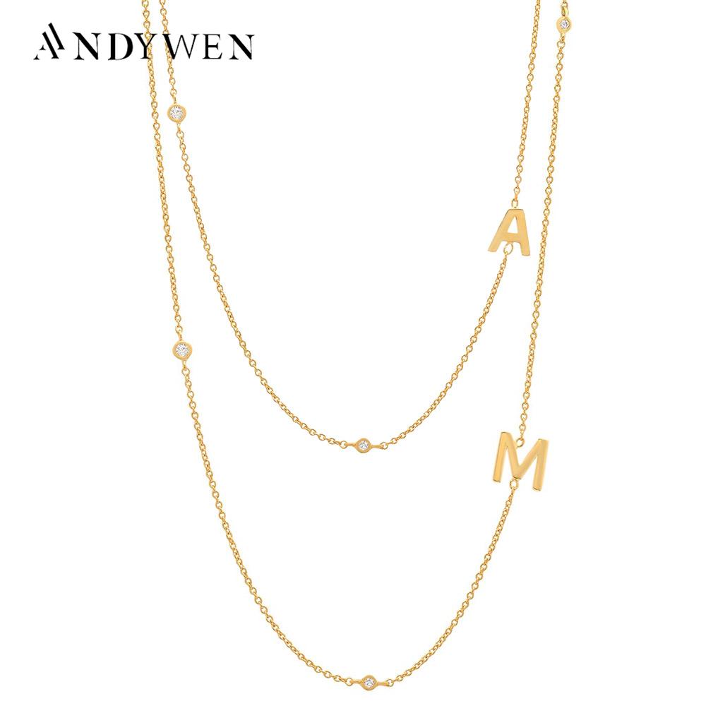 Andywen 925 Sterling Silver Gold Letter Plain Pendant Choker Charm Initial A M Necklace 26 Letter Women Fine Jewelry Alphabet