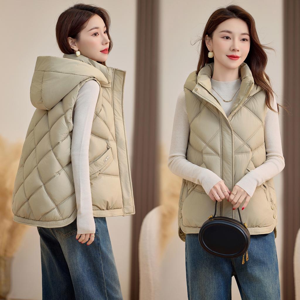 New Lingge Autumn and Winter Women's Lightweight Sleeveless Vest Hooded Solid Color Thickened Warm Sports Casual Loose Lightweight Jacket
