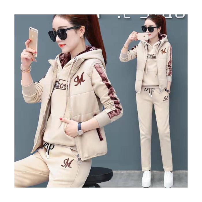 Корейский женский плюшевый и толстый костюм-тройка с капюшоном для осени и зимы