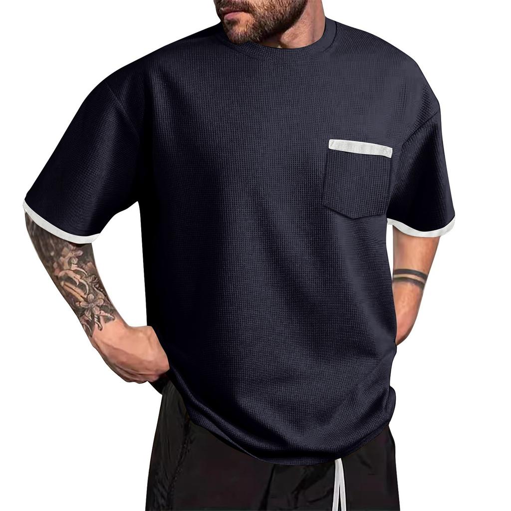 Men's Summer Colorblock Round Neck Loose Pocket Short Sleeve Top