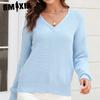 Женская мода, повседневный однотонный принт, осень-зима, свободные свитера с длинным рукавом и v-образным вырезом