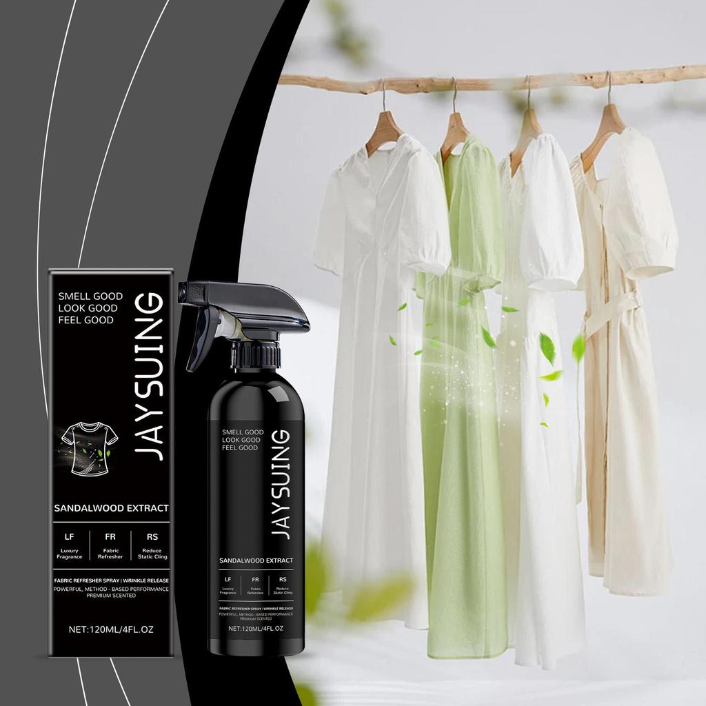 Clothing freshening spray with luxurious long-lasting fragrance removes static electricity and is convenient for on-the-go use