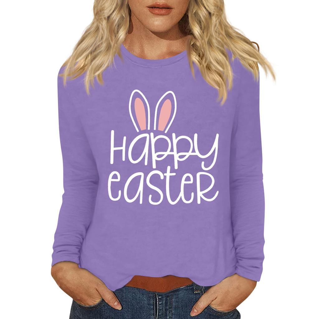 Long Sleeve Shirts For Women Easter Carnival Print Graphic Tees Blouses Casual Basic Tops Pullover