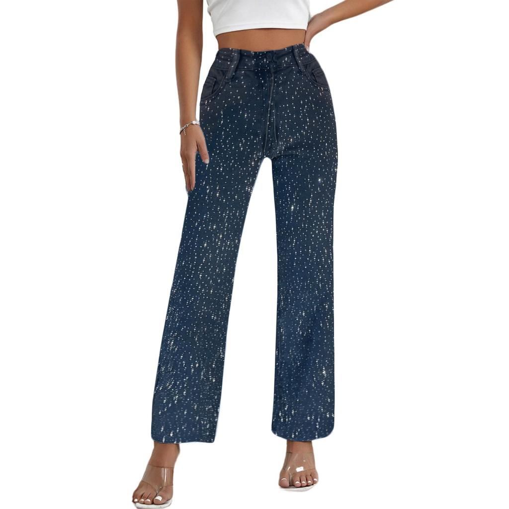 Women's Full Diamond Jeans Casual Vintage Baggy Straight Wide Leg Denim Pants