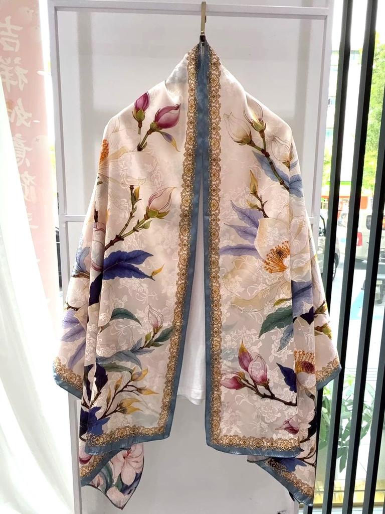 New fragrant cloud flower dill double-sided shawl handmade fine curled edge long silk scarf women's cheongsam fabric high-end versatile scarf